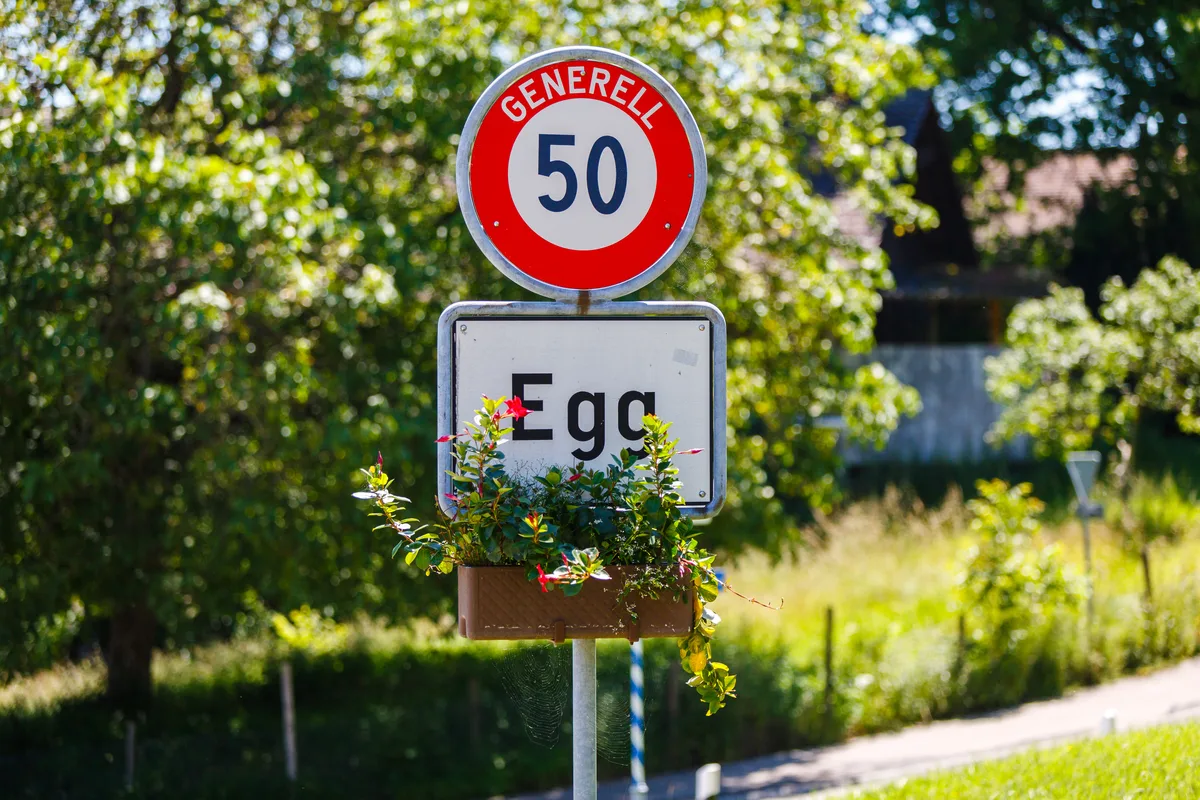 Eine Ortstafel von Egg samt Temposchild und im Hintergrund Bäume.